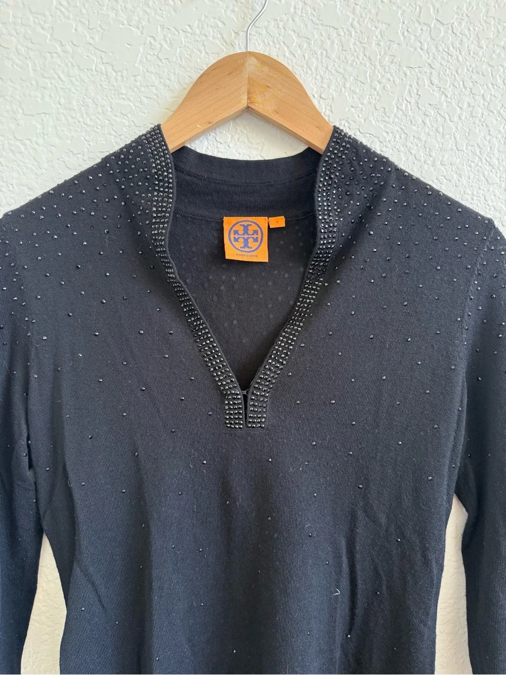 Tory Burch Black V-Neck Beaded Knit Tunic Sweater Mid Sleeve S